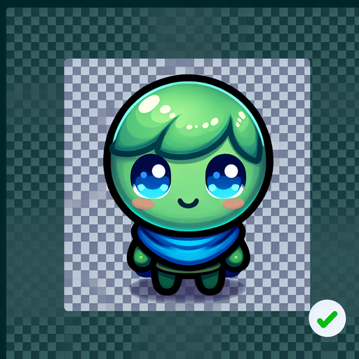 Uma bolinha verde dos olhos azuis fofo com uma capa azul fundo png 2d.
Single Game Texture. In-Game asset. 2d. Blank background. High contrast. No shadows.