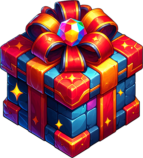 gift wrapped box, vivid colours. with bow on top Single Game Texture. In-Game asset. 2d. Blank background. High contrast. No shadows. Single Game Texture. In-Game asset. 2d. Blank background. High contrast. No shadows. Single Game Texture. In-Game asset. 2d. Blank background. High contrast. No shadows.