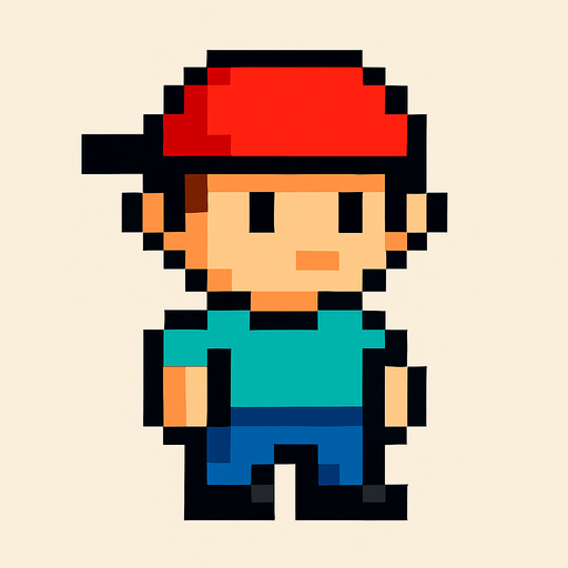 a pixel boy with a hat and a t-shirt.
In-Game asset.  2d.  High contrast.  No shadows