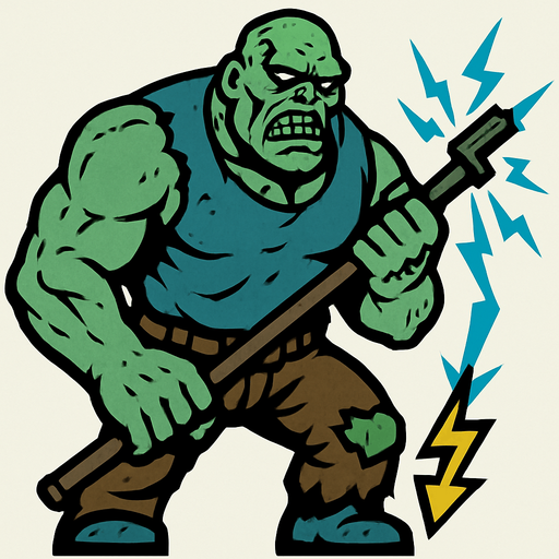 Un zombie grande ey fuerte eue sostiene un palo de electricidad.
In-Game asset.  2d.  High contrast.  No shadows