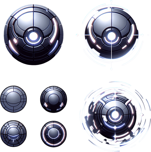 Glowing, futuristic orb asset designed for a ranged enemy's projectile. The orb has a sleek, metallic surface with glowing lines and accents, resembling advanced energy technology. It is circular in shape with a slightly reflective finish, emitting a faint aura. Designed for a top-down perspective to align with a 2D gameplay style, this asset includes an animation of the orb spinning clockwise to simulate movement. The design should convey a high-tech, energy-based attack mechanism..
Single Game Texture. In-Game asset. 2D. Blank background. High contrast. No shadows. Include four frames of the orb spinning clockwise for animation.