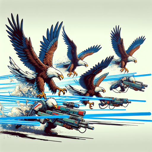 Eagles flying with laser guns..
Single Game Texture.  In-Game asset.  2d.  Blank background.  High contrast.  No shadows