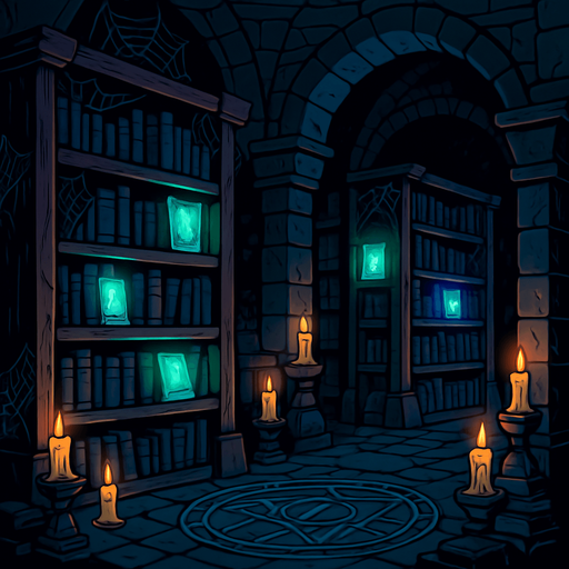An ancient hidden library with towering dusty shelves, glowing enchanted books, cobwebs, stone floor with arcane symbols, candlelit mystery.
In-Game asset.  2d.  High contrast.  No shadows