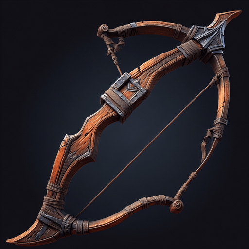 A rugged medieval bow with a wooden frame and slightly frayed string, perfect for a fantasy setting..
Game asset. Rustic and worn. Medieval fantasy style. High detail with visible wood grain.