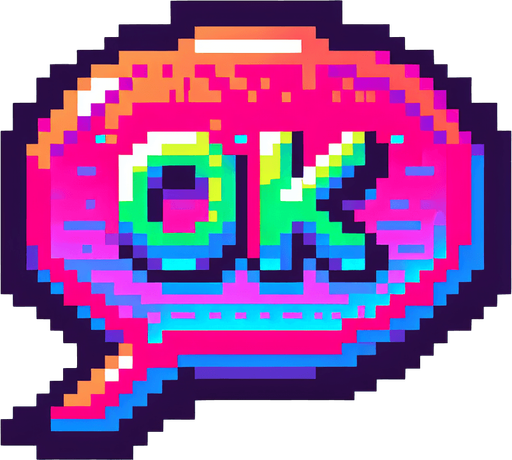 pixel art speech bubble that says "Ok" neon color..
Single Game Texture. In-Game asset. 2d. Blank background. High contrast. No shadows.