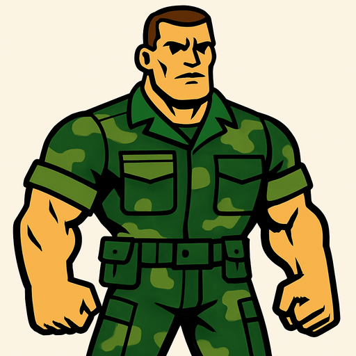 2d strong man wearing a uniform of military without helmet and looking strong.
In-Game asset.  2d.  High contrast.  No shadows