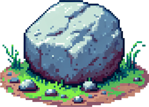 Pixel art boulder with dirt and blades of grass around the bottom. No ground or background.
Single Game Texture. In-Game asset. 2d. Blank background. High contrast. No shadows.