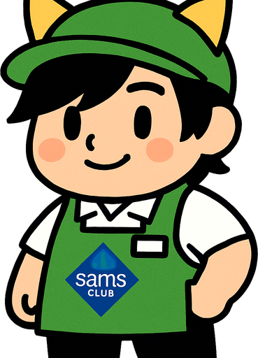 Es una trabajador de sams club, adorable, cabello un poco de emo, un poco cacheton y orejas de gatito en forma de diadema por encima de su gorra
 con gorra verde y mandil verde, playera polo blanca y pantalon negro.
In-Game asset.  High contrast.  No shadows