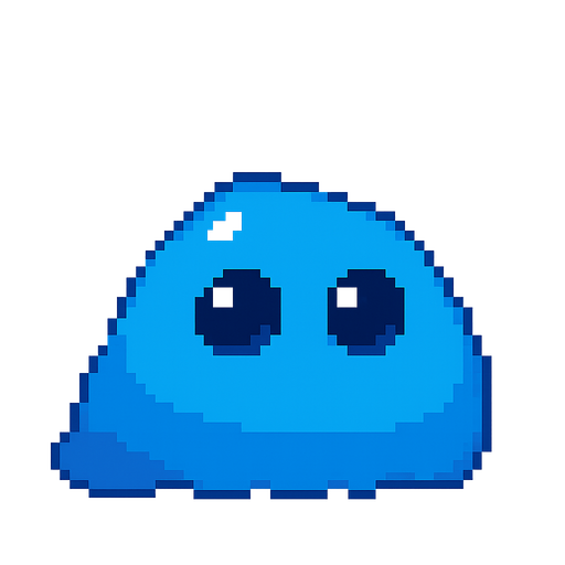Un slime azul con ojos grandes brillantes. Cute. Pixelart. No background. Transparent background. Blank background. No shadows. 2d. In-Game asset. flat