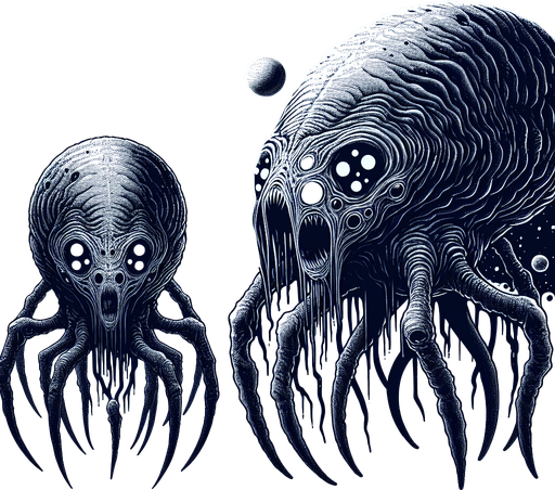 create a scary space monster.
Single Game Texture. In-Game asset. 2d. Blank background. High contrast. No shadows.