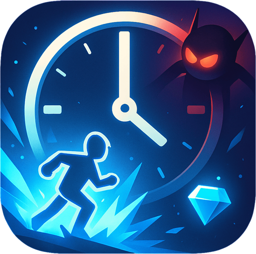 Modern App Store icon, high definition, square with rounded corners, for a game titled "Time Freeze" and with the description "A puzzle-action game where pausing is a superpower. Strategically freeze time to navigate hazards, avoid enemies, and collect items while managing your limited pause energy. Plan your moves carefully in this time-bending adventure where stopping the clock is your greatest tool for success.". No text on icon!