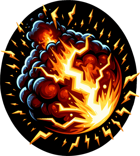 oval fire and thunder explosive event.
Single Game Texture.  In-Game asset.  2d.  Blank background.  High contrast.  No shadows