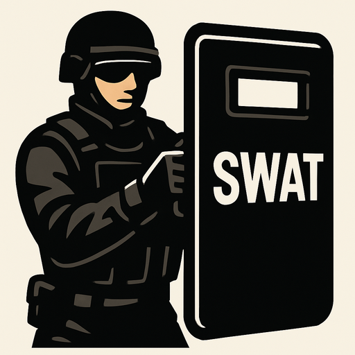 holding shield swat.
In-Game asset.  2d.  High contrast.  No shadows. panaromic