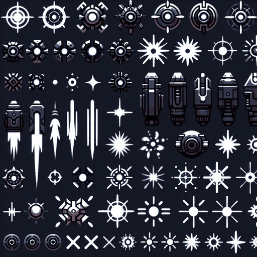 A spritesheet of various laser and space gun turret shots, including dual shots, rays and projectiles for a space game..
Single Game Texture. In-Game asset. 2d. Blank background. High contrast. No shadows.