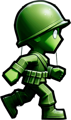 Profil view of a little green soldier toy, walking. no background . no floor. In-Game asset. 2d. Blank background. High contrast. No shadows.