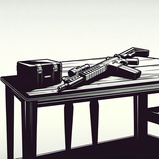 a table with a gun.
In-Game asset. Blank background. High contrast.