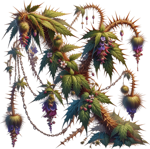 a single wildvine with spikes and flowers dangling..
Single Game Texture. In-Game asset. 2d. Blank background. High contrast. No shadows.