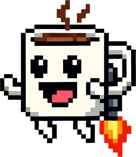 una tasa de cafe caricaturesca de pixeles con un jet pak.
In-Game asset.  2d.  High contrast.  No shadows