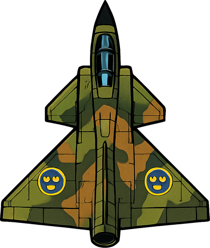 A Saab 37 Viggen fighter jet..
In-Game asset.  2d.  High contrast.  No shadows. Top down view