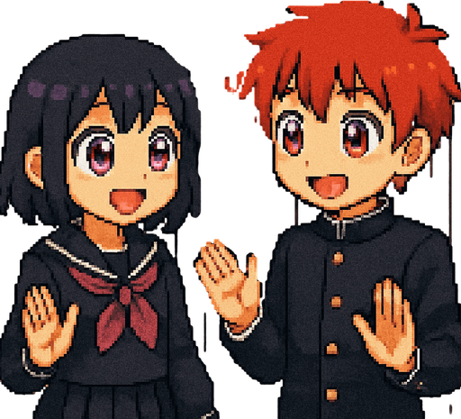 Pixel art. A red-haired 15-year-old anime-style boy with red eyes and a girl with purple eyes in Japanese school uniforms, both with large, expressive eyes and oversized irises to look super kawaii, are talking cheerfully while looking into each other’s eyes and gesturing with their hands. They are standing very close to a row of school lockers. In the center locker, a pair of glowing red eyes peer through the slats. The eyes belong to a hidden yandere—obsessed, crazy, and jealous—whose face and body remain completely obscured in the darkness inside the locker. The mood is lighthearted between the boy and girl, contrasting with the eerie presence watching them from the shadows.
