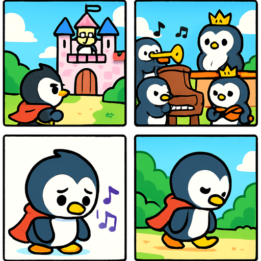 4-panel comic strip, no text, cute cartoon style, bright colors, black outlines.
Characters: Penguin Hero (small, determined) + Penguin Princess (elegant, crown) + Village Penguins
Central Theme: Music connects hearts, piano mastery wins love.  Hero doubts himself, thinks he's not good enough

Panel 1: Hero tries to approach Princess's palace but stops
Panel 2: Sees other talented penguins playing instruments near Princess
Panel 3: Hero looks at his flippers sadly, musical notes are wobbly/off-key
Panel 4: Hero walks away discouraged, head down.
In-Game asset.  2d.  High contrast.  No shadows