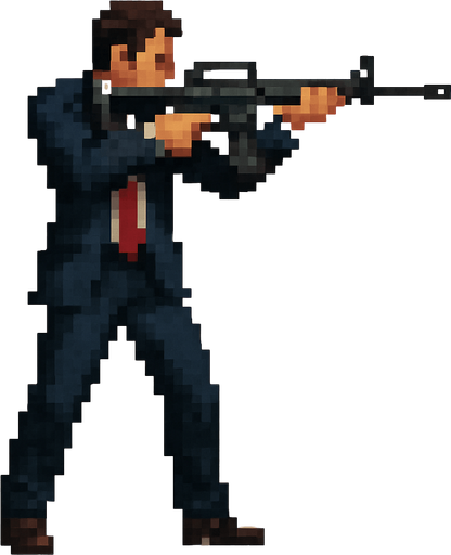 un hombre de traje hecho con pixeles de cuerpo completo apuntando con un  rifle de asalto m4