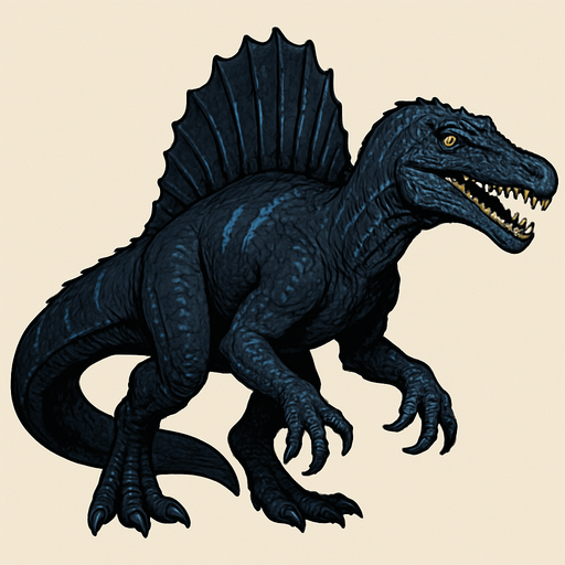 A large, realistic Spinosaurus dinosaur with dark navy-blue scaly skin, accented by lighter blue streaks along its sail and limbs. It has a long crocodile-like snout filled with sharp teeth and piercing yellow eyes. The sail on its back is tall and jagged, matching the dark tones of the body. Its tail is wide, flattened, and paddle-like—similar to a newt or salamander’s tail—designed for swimming. The muscular arms have large claws, and the overall posture is slightly hunched as if it’s ready to dive into the water. The skin texture shows rough scales, subtle wrinkles, and scars for a realistic semi-aquatic look..
In-Game asset.  2d.  High contrast.  No shadows