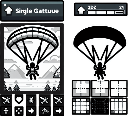 Человек летит на параплане. Мультяшный.
Single Game Texture.  In-Game asset.  2d.  Blank background.  High contrast.  No shadows