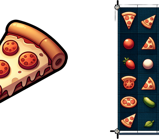 Pizza slic
Single Game Texture. In-Game asset. 2d. Blank background. High contrast. No shadows.