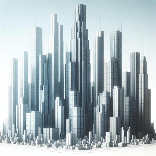 futuristic blocks of  sky scrapers.
Single Game Texture. In-Game asset. 2d. Blank background. High contrast. No shadows.