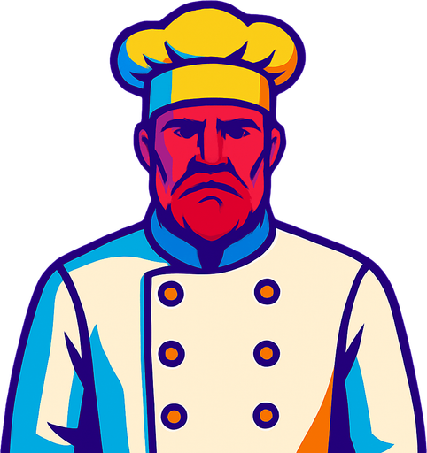 This man with no fishing rod and chefs clothes on, facing forward.