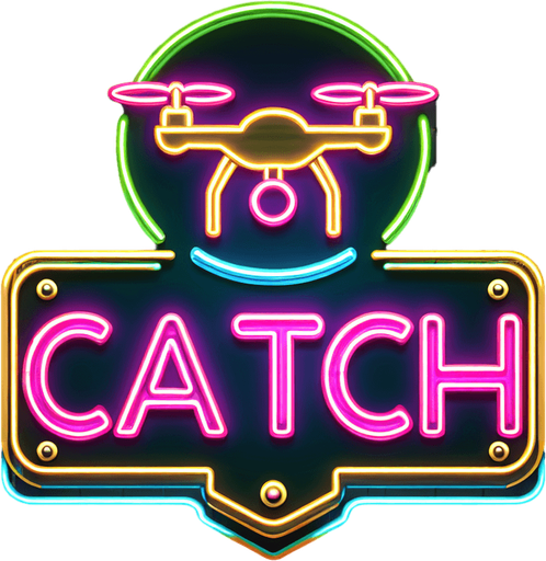 retro sign that says "catch" with an flying drone symbol in neon colors..
Single Game Texture. In-Game asset. 2d. Blank background. High contrast. No shadows.