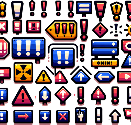 A sprite sheet of signs with exclamation points on them.
Single Game Texture. In-Game asset. 2d. Blank background. High contrast. No shadows.