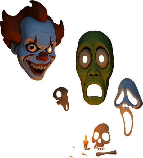 3D Scary room with many 3D decorations around, 3D scary masks of memes from movies around it.
In-Game asset.  3D.  High contrast.  No shadows. no jesus cross. no star of 6. no start of 5. no devil. HD colors