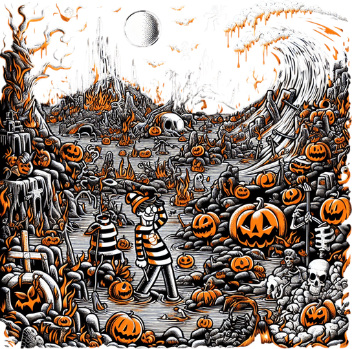 Generate a high quality cartoon background Halloween image on a black canvas similar to the format of where is waldo with a hellish environment.
Single Game Texture. In-Game asset. 2d. Blank background. High contrast. No shadows.