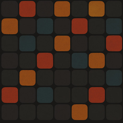 şekli ve mantığı bozma. her bir karenin rengine rasgele şu 4 renkten birini ekle ama sıvı boya mantığıyla düşün %15 ekle yanı hala koyu gri olsun ama çok az renk karıştır. turuncu, kırmızı, sarı, mavi her bir karenin rengine rasgele