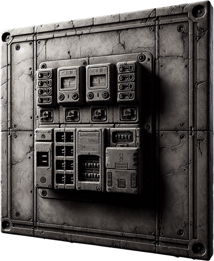 an eerie wall fusebox
Single Game Texture. In-Game asset. 2d. Blank background. High contrast. No shadows.