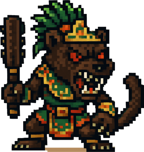 Genérame una Tayra guerrero azteca con eso patrones, estilo pixelar, con una apariencia maligna, ojos rojos, rabioso. Unidad cuerpo a cuerpo. Animal.
In-Game asset.  2d.  High contrast.  No shadows