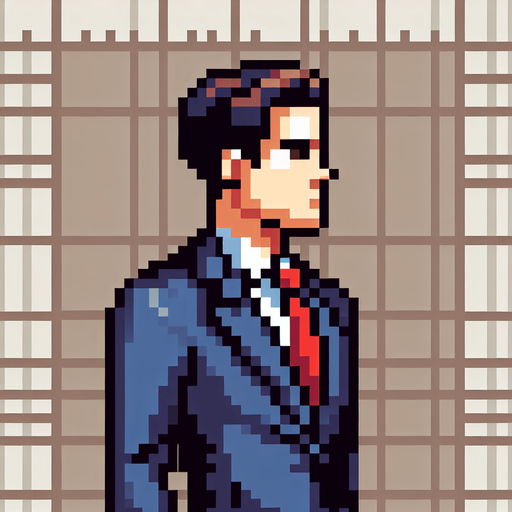 8-bit. cartoon. fancy office person. suit. seen from the side. in game assset. Single Game Texture. In-Game asset. 2d. Blank background. High contrast. No shadows.
