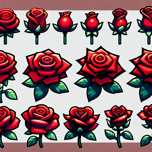 A sprite sheet of different red roses seen from above. Cartoon. All similar size. Just the blossom. Bold colors and shading. 
Single Game Texture. In-Game asset. 2d. Blank background. High contrast. No shadows.