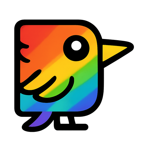 Square shaped rainbow bird facing right.
In-Game asset.  2d.  High contrast.  No shadows
