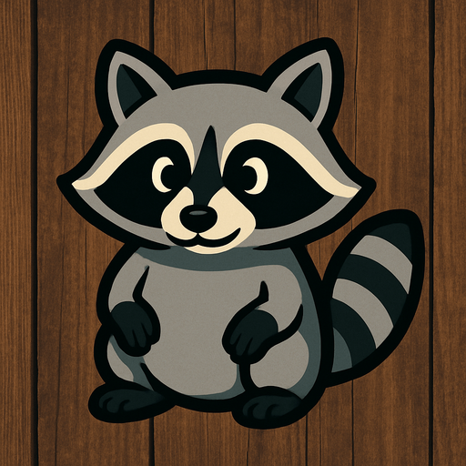Racoon image with wooden background.
In-Game asset.  2d.  High contrast.  No shadows