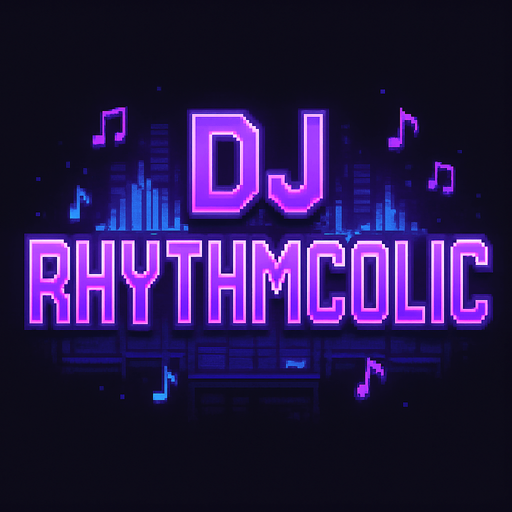A bold and stylish pixel art logo text for the game title “DJ RHYTHMCOLIC” designed for a lo-fi rhythm pixel art game. The text is large, vibrant purple with neon glow effects, featuring a retro pixel font that looks futuristic and energetic. Behind the text, subtle pixelated neon sound waves and small music notes float gently in purple and blue hues, blending with a cozy DJ studio atmosphere. The background is transparent or very dark to highlight the glowing title. The style matches a dreamy, neon-lit nighttime vibe with pixel-perfect detail..
In-Game asset.  2d.  High contrast.  No shadows