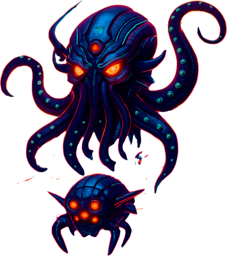 Cutout, swarm, neon cyberpunk glow horror corporate murder squid flying robot monsters