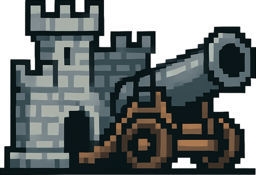 castle gun, siege gun, pixel art.
In-Game asset.  2d.  High contrast.  No shadows
