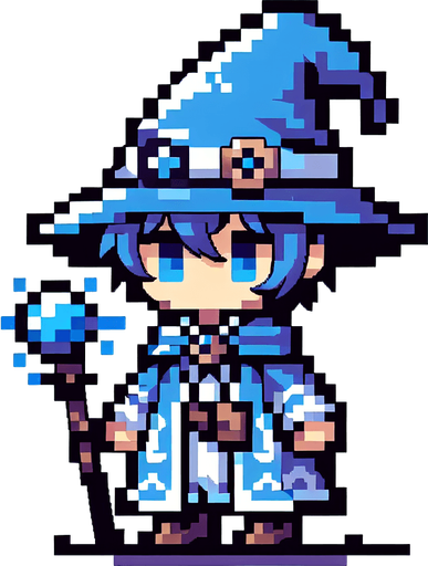 blue chibi mage 8 bit image.
Single Game Texture.  In-Game asset.  2d.  Blank background.  High contrast.  No shadows