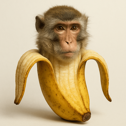 Haz a un macaco con cuerpo de plátano medio abierto, Ultra Realista, sin brazos ni piernas..
In-Game asset.  2d.  High contrast.  No shadows. Ultra Realista