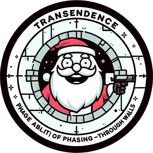 Icon for santa moving through walls, on a circle, with the text „transcendence“ at top, cartoon Single Game Texture. In-Game asset. 2d. Blank background. High contrast. No shadows.