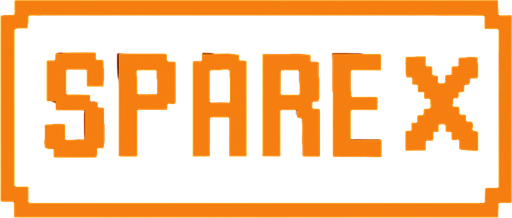 Black button with an orange outline that says "Spare" and has a X icon, pixel art.
In-Game asset.  2d.  High contrast.  No shadows