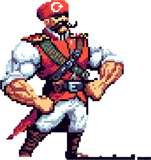 osmali askeri coook guclu bir turk 2d pixelart.
Single Game Texture.  In-Game asset.  2d.  Blank background.  High contrast.  No shadows